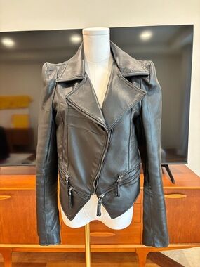Black Leather Asymmetrical Zip Moto Jacket by